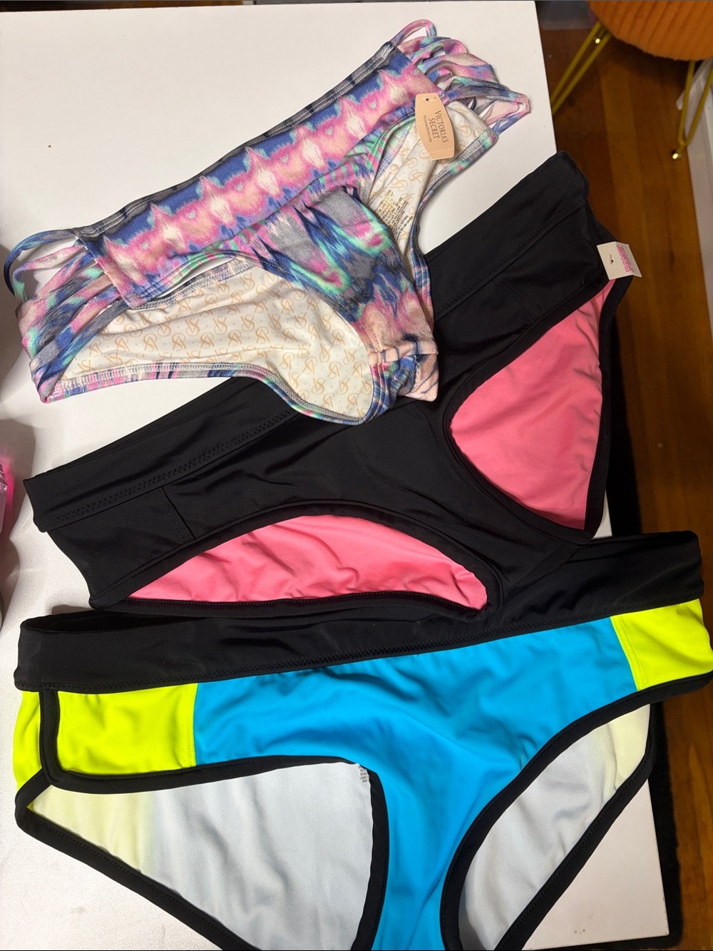 PINK Victoria's Secret Three-Pack Bikini Bottoms - Black, Pink, Blue & Neon